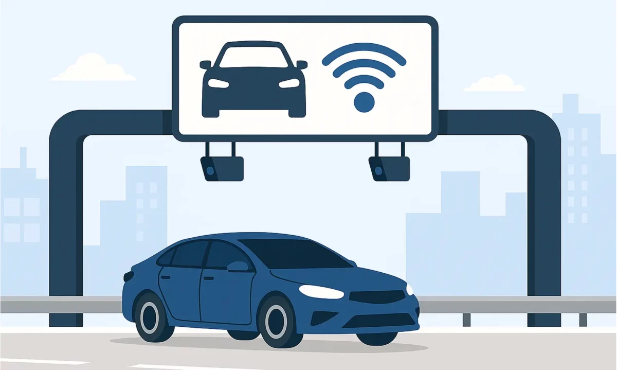 Portique de péage automatique en flux libre sur autoroute en France