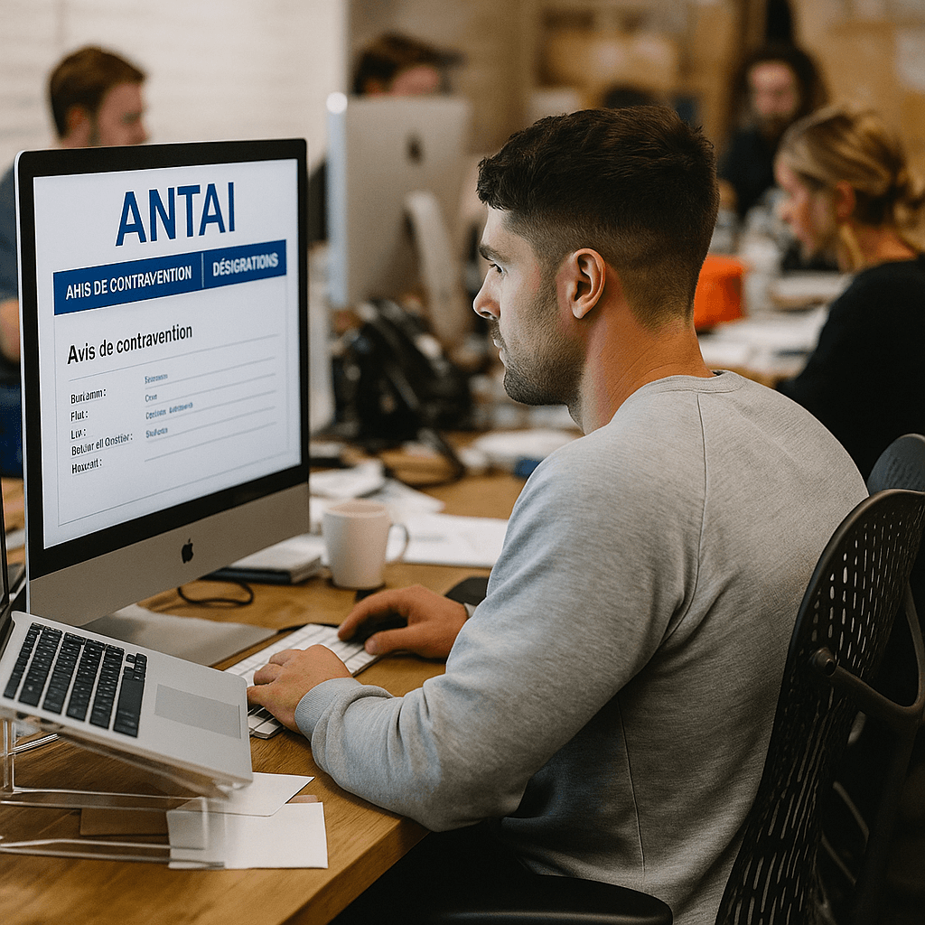Gestionnaire d’entreprise travaillant sur la plateforme ANTAI pour traiter une contravention