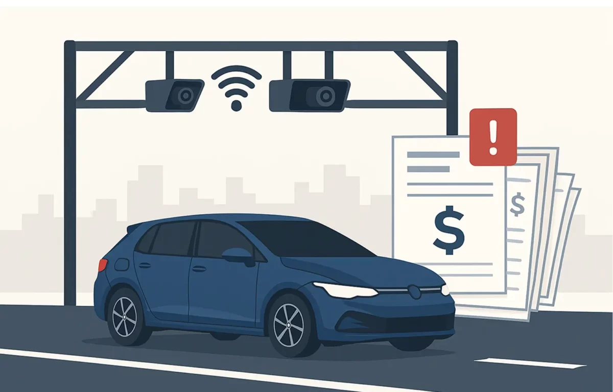 Péage en flux libre avec barrières automatiques, représentant les contraventions reçues par les entreprises