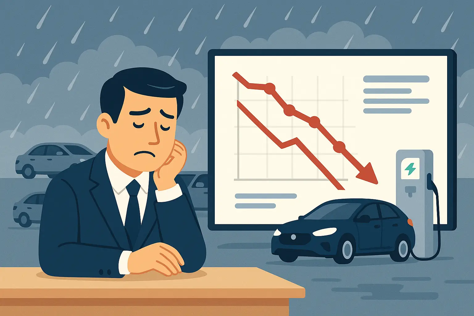 Illustration d’un gestionnaire de flotte préoccupé devant un écran affichant une chute des indicateurs, sous une pluie symbolique, avec une voiture électrique en arrière-plan, représentant les tensions du marché automobile B2B à l’été 2025.