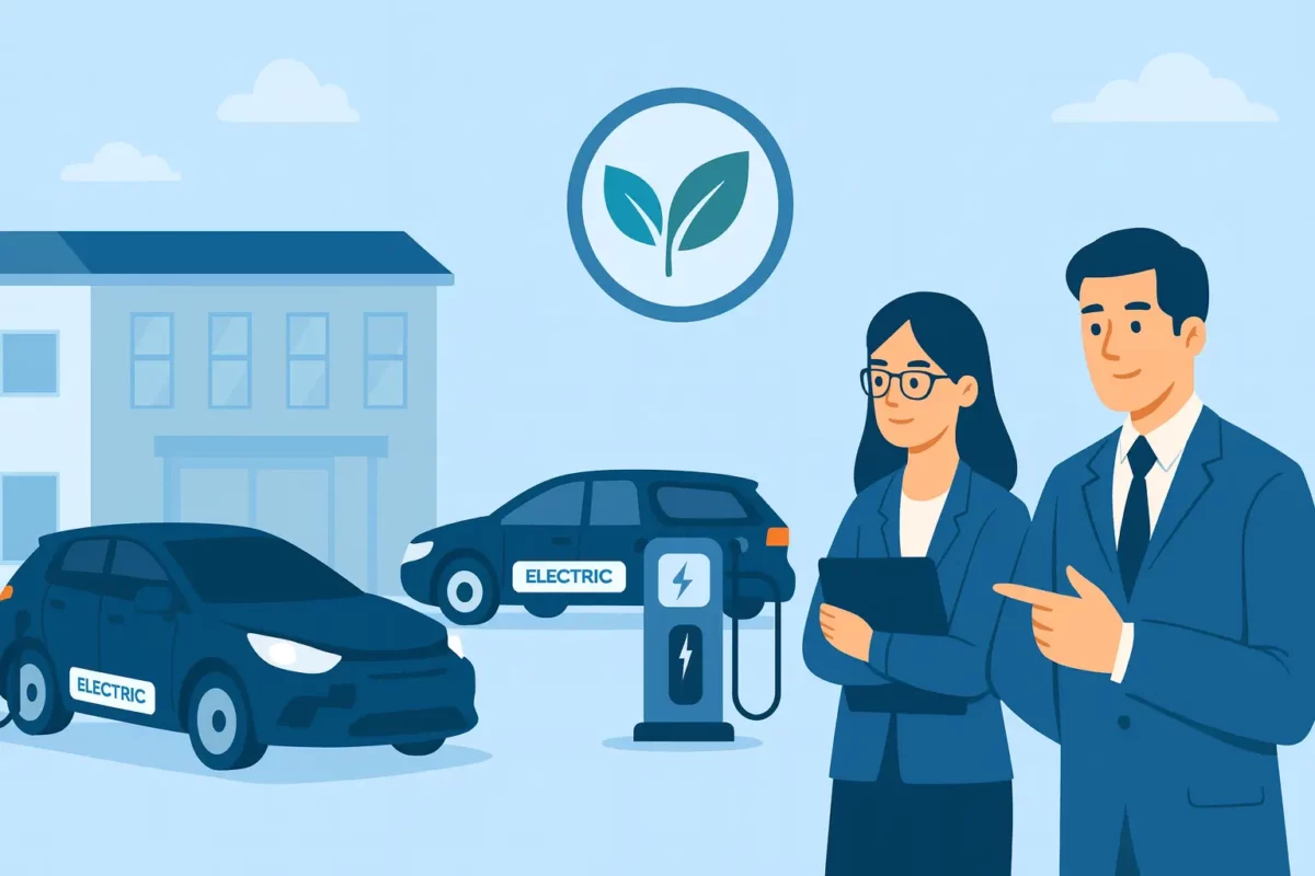 Professionnels en entreprise devant des véhicules électriques de flotte