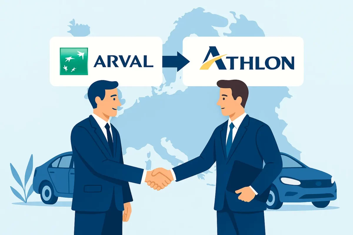 Illustration du rachat d’Athlon par Arval en Europe, avec poignée de main et véhicules en arrière-plan