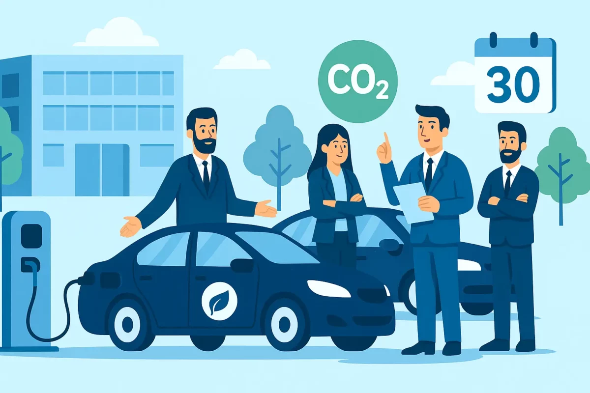 Illustration représentant un gestionnaire de flotte analysant le verdissement de véhicules d’entreprise dans le cadre de la déclaration LOM 2025