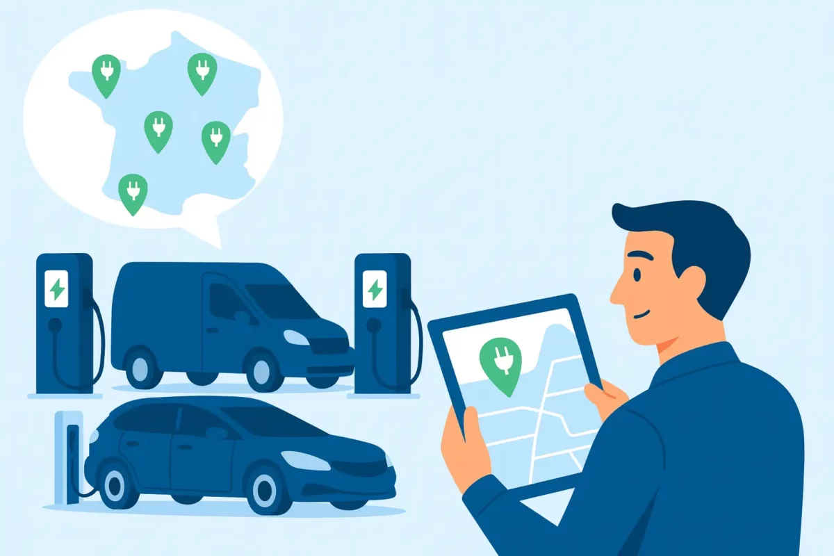 Illustration vectorielle d’un gestionnaire observant une carte de bornes de recharge sur tablette, avec des véhicules électriques branchés et une carte de France affichant des icônes de recharge.