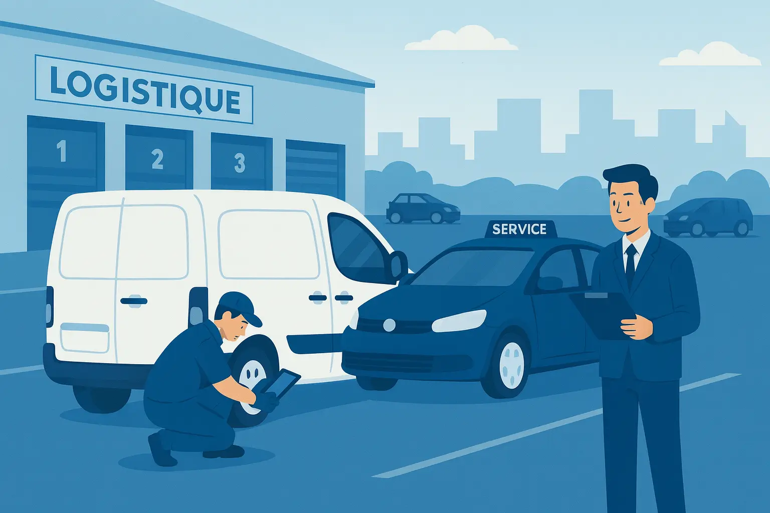 Prestataire effectuant une maintenance ponctuelle sur véhicule utilitaire dans une zone logistique