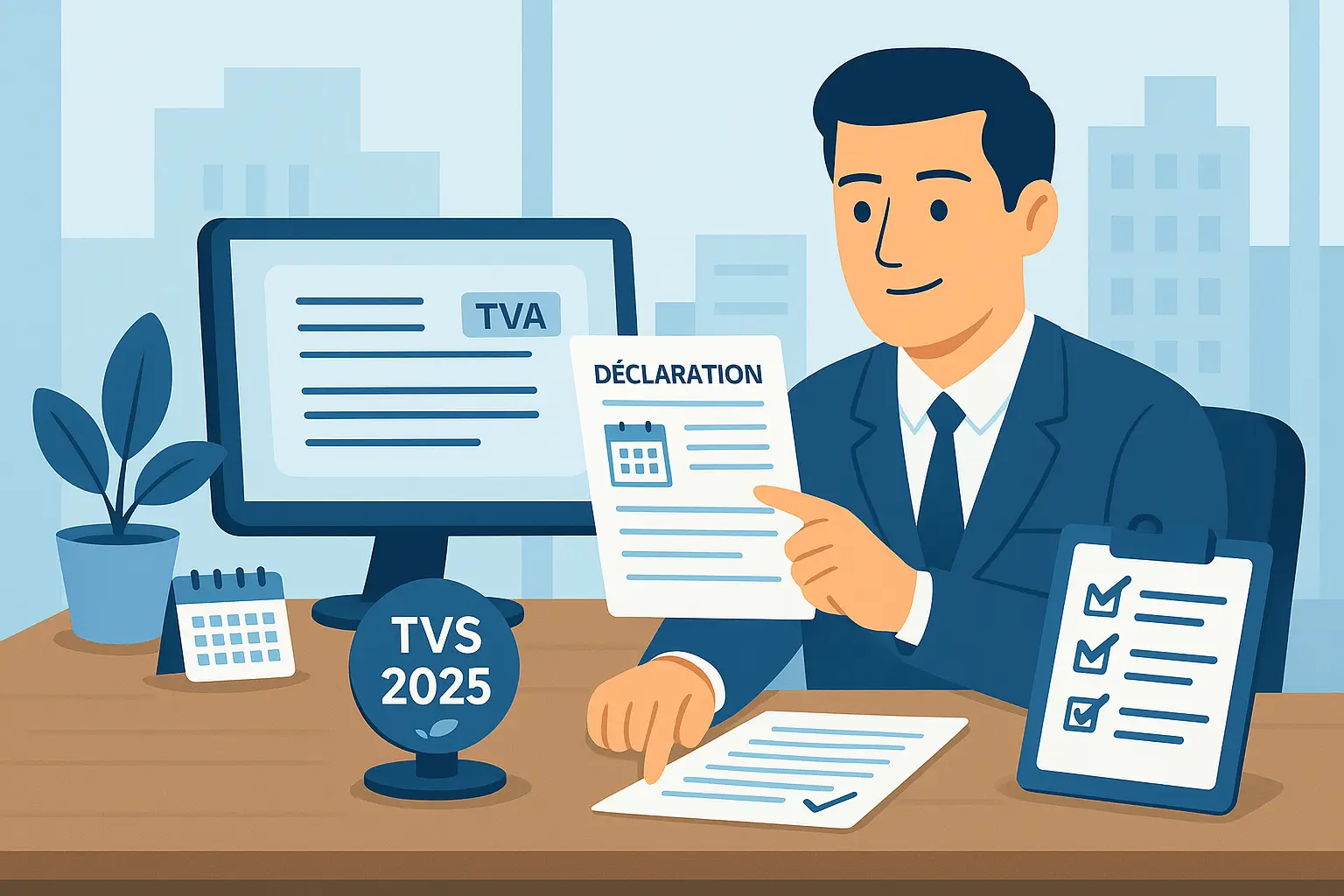 Illustration d’un professionnel préparant les formulaires de déclaration de la TVS 2025 dans un cadre administratif