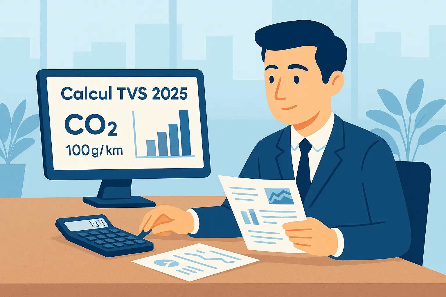 Illustration d’un professionnel analysant les données CO₂ pour calculer la taxe sur les véhicules de société en 2025