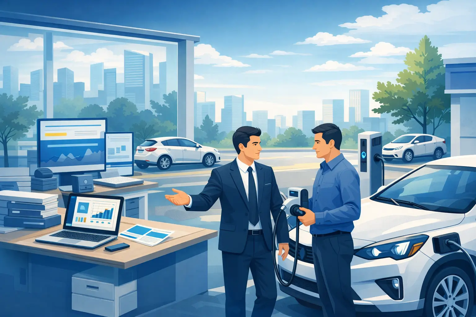 Gestionnaire de flotte échangeant avec un collaborateur devant un véhicule électrique en charge, avec outils de pilotage et environnement de bureau en arrière-plan