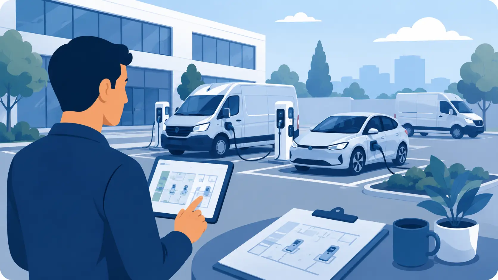 Véhicule utilitaire électrique en charge sur le parking d'une entreprise