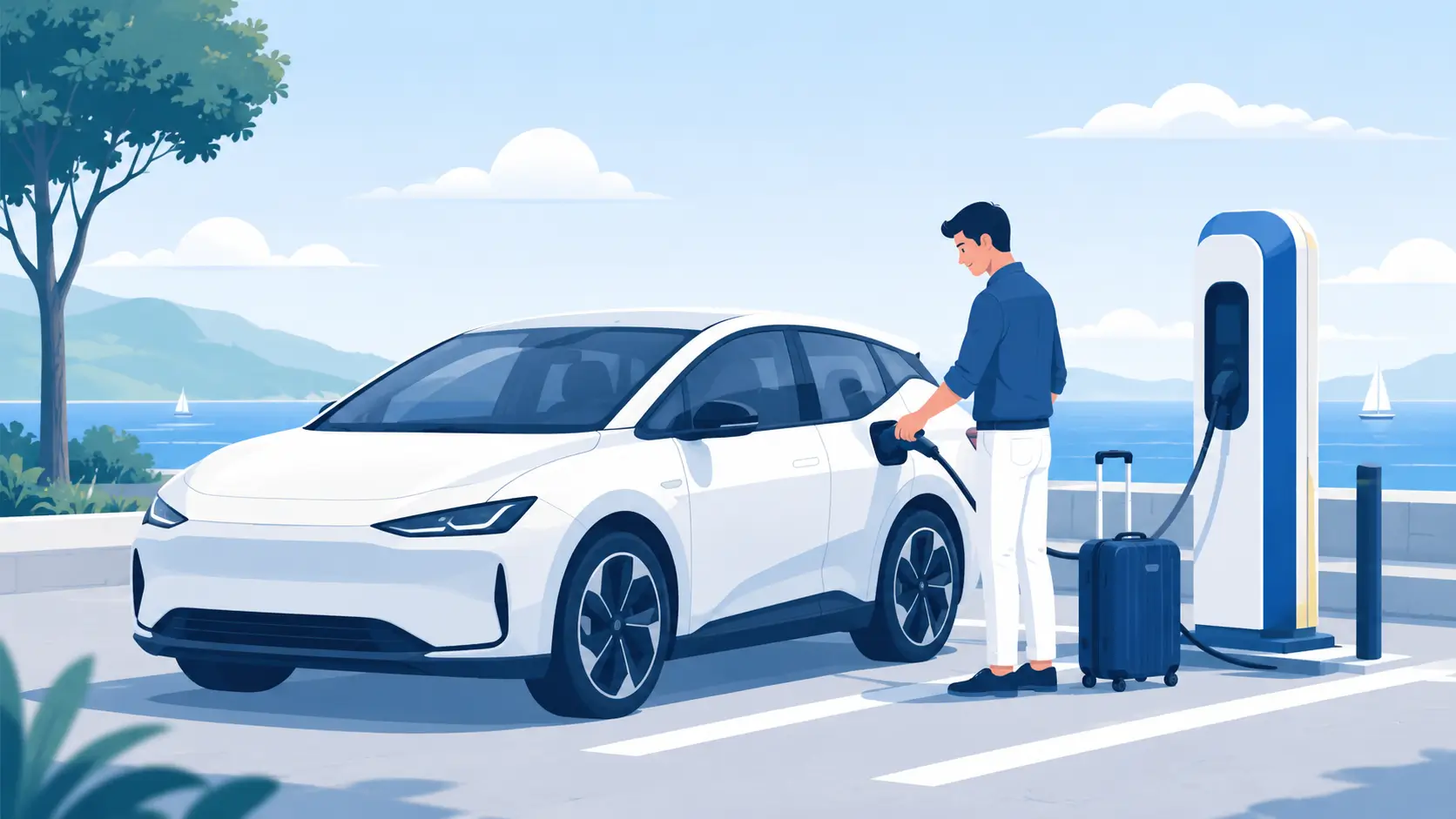 Recharge d'un véhicule de fonction électrique en vacances Collaborateur branchant son véhicule de fonction électrique sur une borne de recharge pendant ses vacances