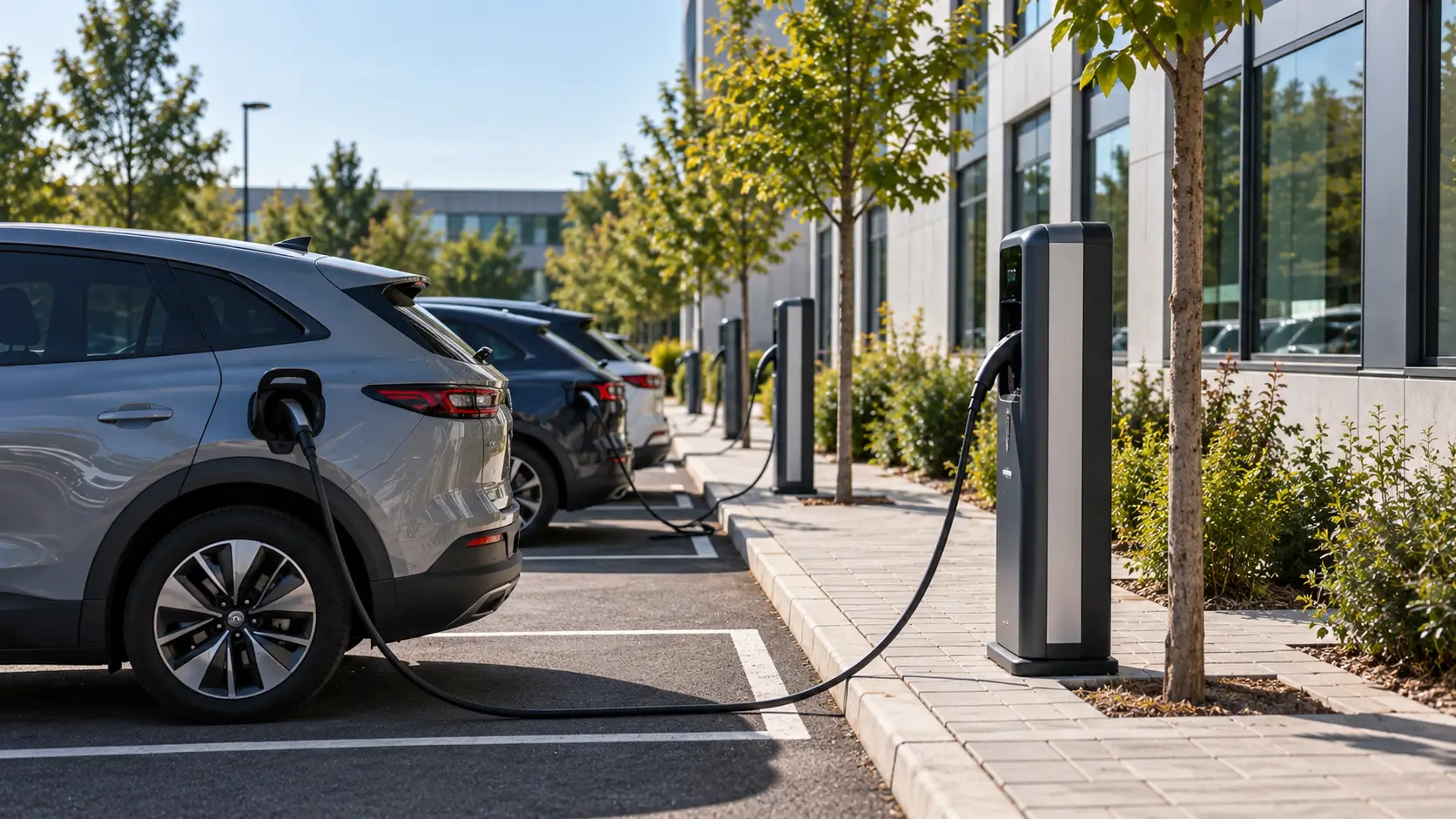 Aides 2026 pour les bornes de recharge en entreprise Bornes de recharge pour véhicules électriques sur un parking d’entreprise